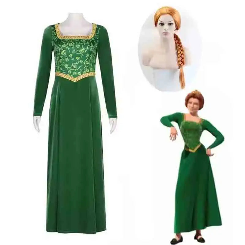 Princess Fiona Cosplay Costume Anime Shrek Wife Green Fiona Cos Dress Wigs Outfit ForLadies Women Long Dress Halloween Headgear