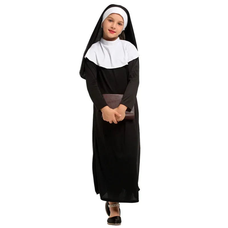 Girls Black Nun Costume Child Halloween Catholic Religion Missionary Fantasy Fancy Dress for Book Week Purim Party