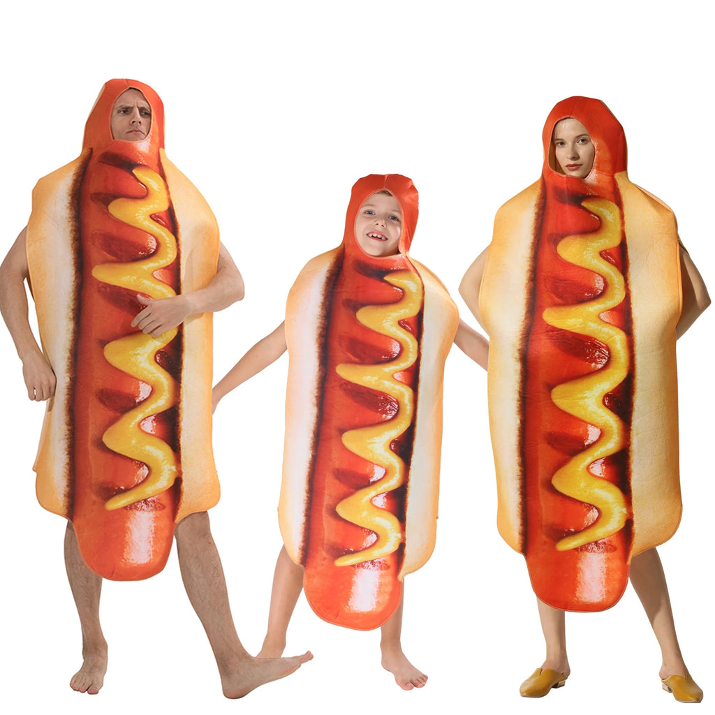 Adult Kids Funny 3D Print Food Sausage Hot Dog Costumes Halloween Men Women Family One-Piece Costume Carnival Food Costume